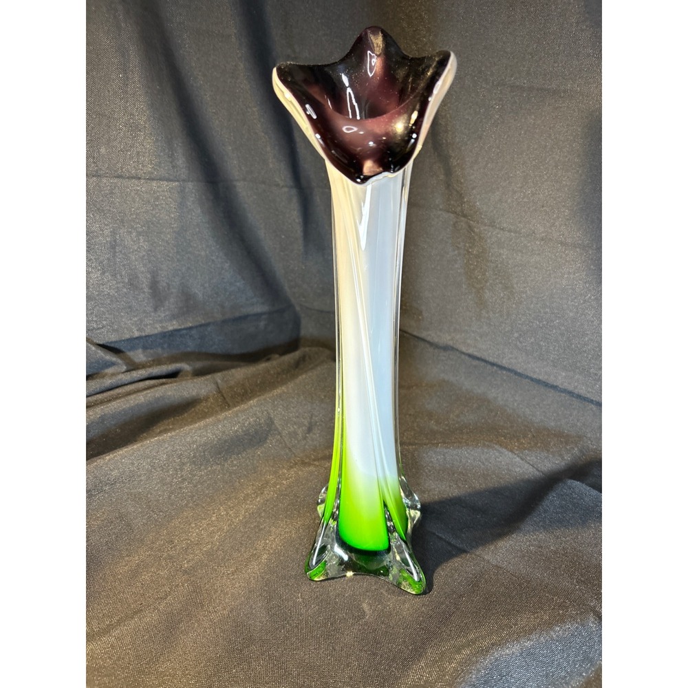Vintage Murano Art Glass Vase Swirl White Green Purple Lily Flower